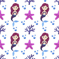 Seamless pattern Mermaid watercolor beautiful children's illustrations Maritime fairy tale characters collection Underwater scenery corals starfish pearl shells digital paper scrapbooking textiles