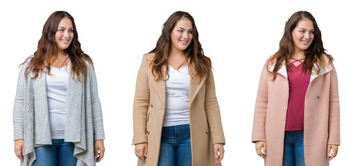 Collage of beautiful plus size woman wearing winter jacket over isolated background looking away to side with smile on face, natural expression. Laughing confident.