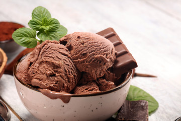 Chocolate coffee ice cream ball in a bowl. ice cream scoop