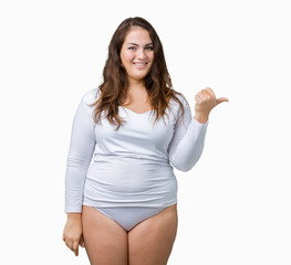 Beautiful plus size young overwight woman wearing white underwear over isolated background smiling...