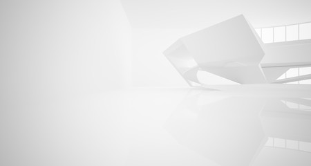 Abstract architectural white interior of a minimalist house with large windows.. 3D illustration and rendering.