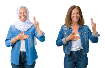 Collage of beautiful middle age arab woman over isolated background Swearing with hand on chest and...