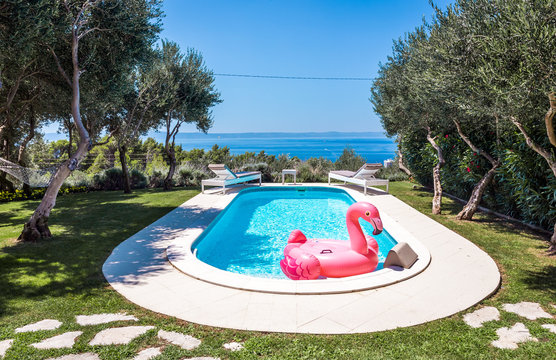 Pink flamingo waterbed in swimming pool