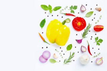 Various fresh vegetables and herbs on white background. Healthy eating concept