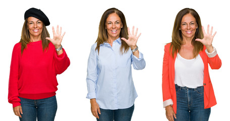 Obraz premium Collage of beautiful middle age woman over white isolated background showing and pointing up with fingers number five while smiling confident and happy.