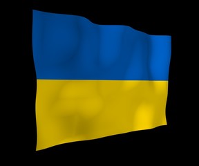 The flag of Ukraine on a dark background. National flag and state ensign. Blue and yellow bicolour. 3D illustration waving flag
