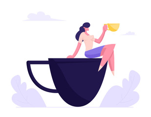 Young Business Woman Relaxing on Coffee Break Sitting on Huge Cup, Girl Visiting Cafe Restaurant for Lunch, Female Customer Character Having Rest in Recreational Place Cartoon Flat Vector Illustration