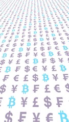 Bitcoin and currency on a white background. Digital crypto currency symbol. Business concept. Market Display. 3D illustration