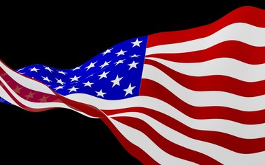 Waving flag of the United States of America on a dark background. Stars and Stripes. State symbol of the USA. 3D illustration