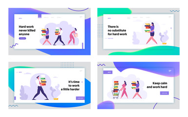 Employees at Work, Website Landing Page Set, Business Man and Woman Carry Big Heap of Documents. Fired Sad Businesswoman with Box Leaving Office, Web Page. Cartoon Flat Vector Illustration, Banner