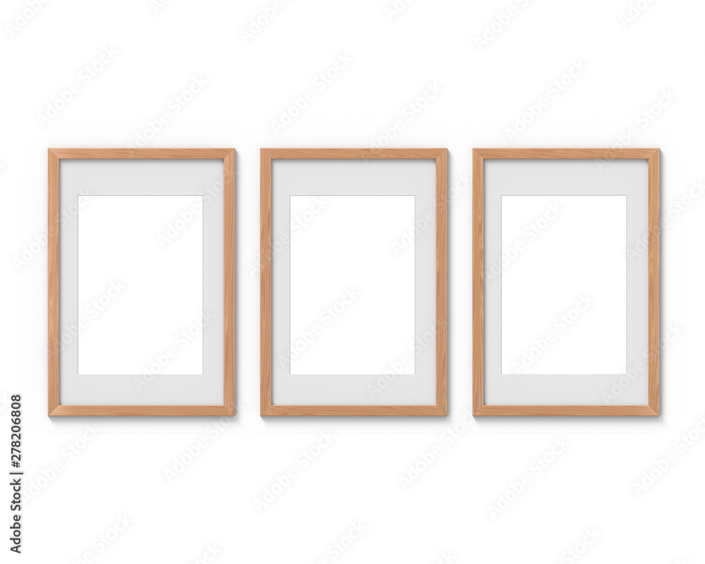 Fototapete set of 3 vertical wooden frames mockup with a border hanging on the wall. empty base for picture or 