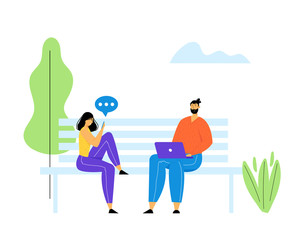 Young Man and Woman Sitting on Bench in Park with Laptop and Smartphone in Hands and Communicating Online in Internet. Social Media Bubble Speech Icons. Networking, Cartoon Flat Vector Illustration.