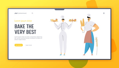 Bakers Male and Female Characters Wearing Chief Toque and Uniform Holding Trays with Pastry and Baked Production. Bake Shop, Website Landing Page, Web Page. Cartoon Flat Vector Illustration, Banner