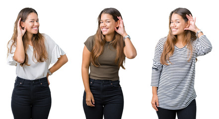 Obraz premium Collage of beautiful young woman over isolated background smiling with hand over ear listening an hearing to rumor or gossip. Deafness concept.