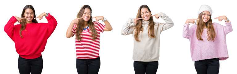 Collage of beautiful young woman over isolated background smiling confident showing and pointing...
