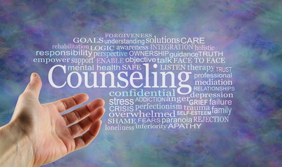 Counseling Word Tag Cloud - open palm hand gesturing towards a Counseling word cloud on a rustic blue modern background 