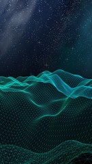 Fototapeta premium Abstract landscape on a dark background. Cyberspace grid. hi tech network. Outer space. Vertical orientation. Starry outer space texture. 3D illustration