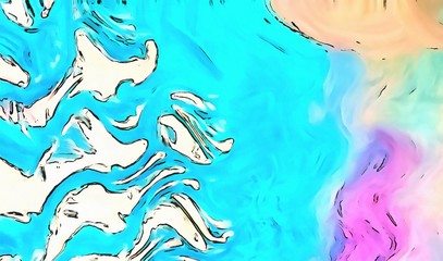 Abstract artistic background in very colorful pastel colors. Little swirl design. Dry graphic watercolor stylization. Juicy psychedelic design. White backdrop for element contrast. Chaotic twist paint