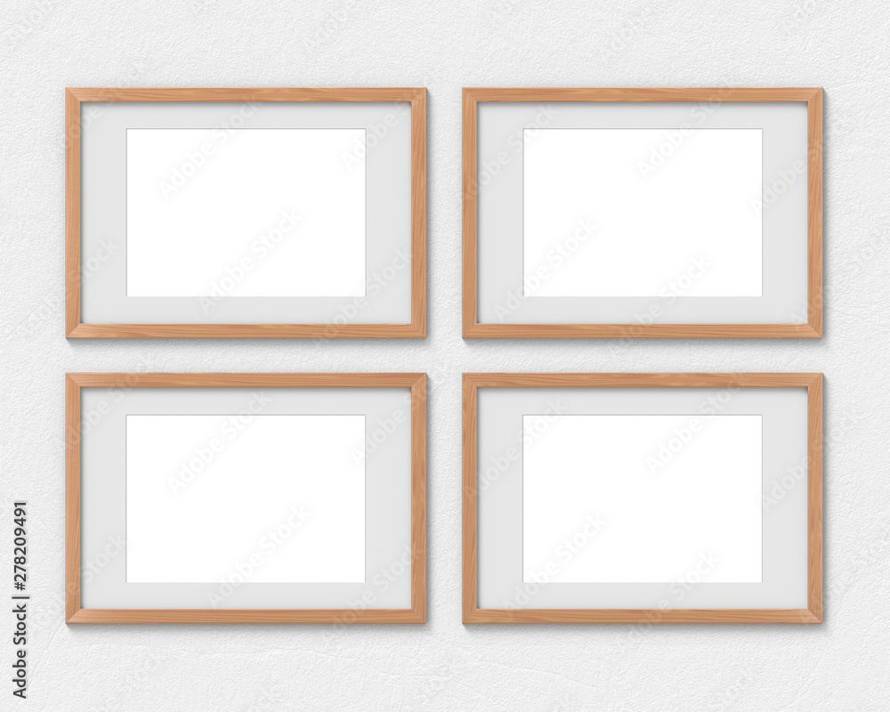 Fototapete set of 4 horizontal wooden frames mockup with a border hanging on the wall. empty base for picture o