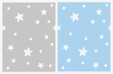 Cute Hand Drawn Stars Seamless Vector Patterns. Irregular Sketched Stars Isolated on a Light Gray and Blue Background. Bright Starry Sky Vector Illustration. Infantile Style Abstract Stars Print.