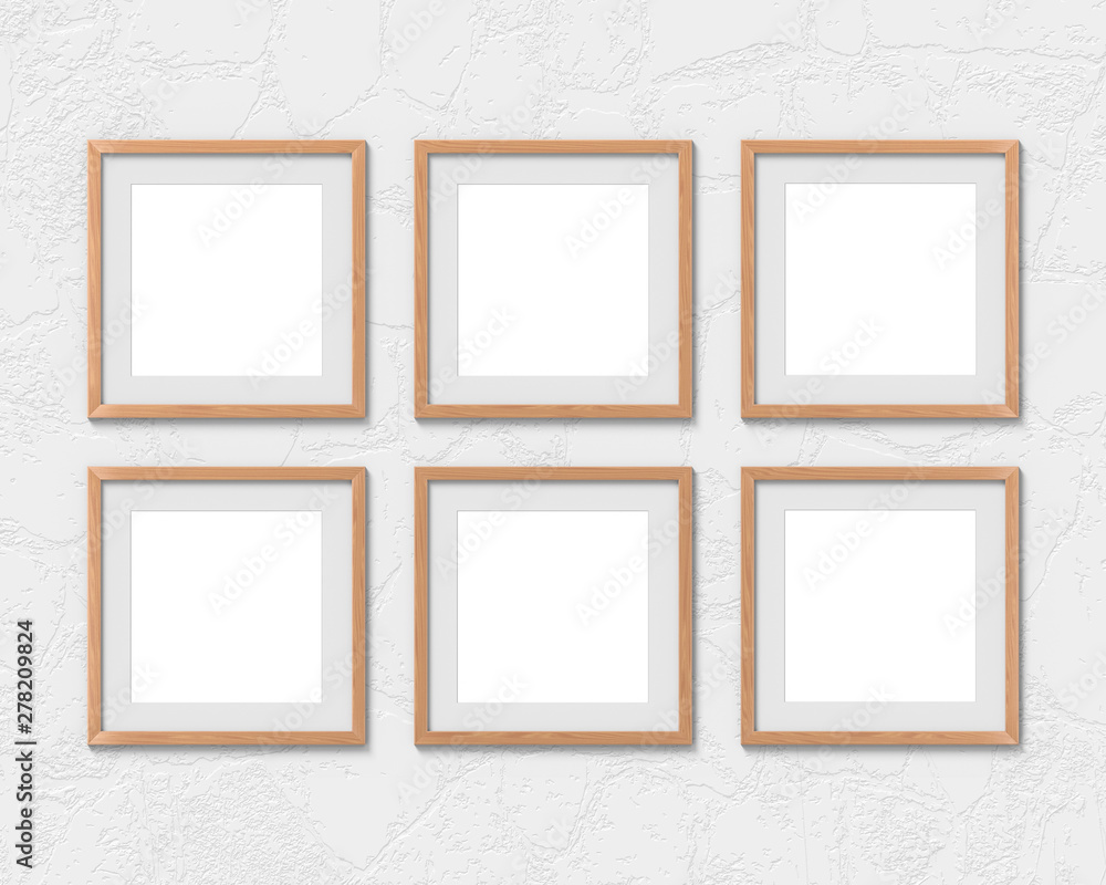 Fototapete set of 6 square wooden frames mockup with a border hanging on the wall. empty base for picture or te