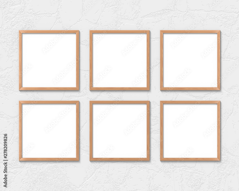 Poster set of 6 square wooden frames mockup hanging on the wall. empty base for picture or text. 3d renderi