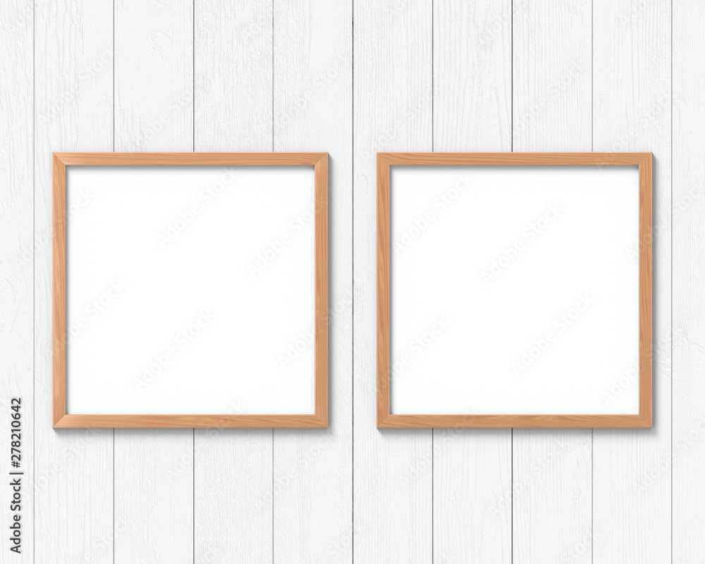 Aufkleber set of 2 square wooden frames mockup hanging on the wall. empty base for picture or text. 3d renderi
