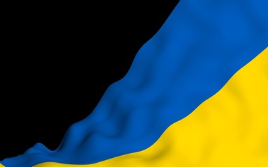 The flag of Ukraine on a dark background. National flag and state ensign. Blue and yellow bicolour. 3D illustration waving flag