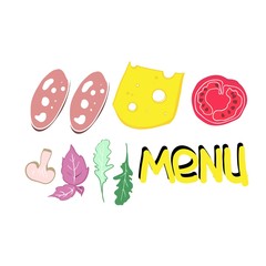 Food color illustration, pizza ingredients, set to advertise restaurant business, vector illustration