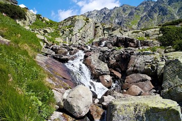 Mountain stream flowing out of Lake above Skok waterfall in Mlynicka valley.