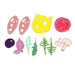 Food color illustration, pizza ingredients, set to advertise restaurant business, vector illustration