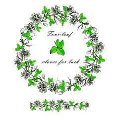 vector isolat, summer, round  frame with space for text.  wish. Flowers and clover leaves, painted, green, pink and white. Clover for luck. Trifolium repens. seamless clover brush