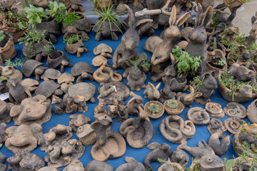 Rabbits made by artisans seen in a market stall in El Bolson, Argentina