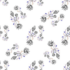 Lotus flower hand drawn in beautiful style. Floral seamless pattern. Simple vector illustration.