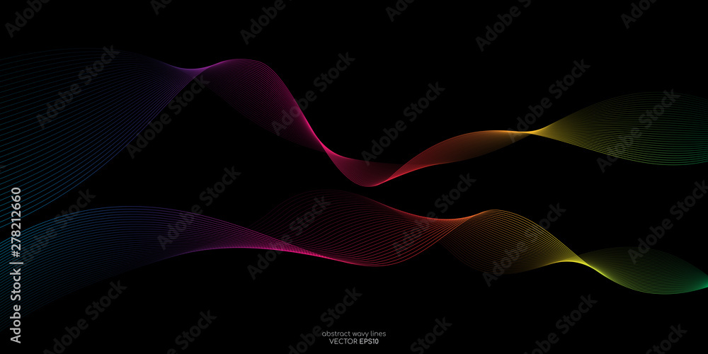 Aufkleber Abstract vector colorful rainbow colors wave lines flowing isolated on black background for design elements in concept technology, music, science, A.I.