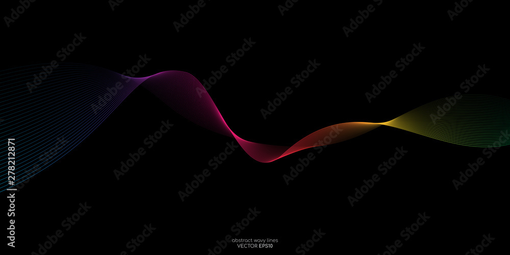 Aufkleber Abstract vector colorful rainbow colors wave lines flowing isolated on black background for design elements in concept technology, music, science, A.I.