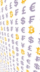 Bitcoin and currency on a white background. Digital crypto currency symbol. Wave effect, currency market fluctuations. Business concept. 3D illustration