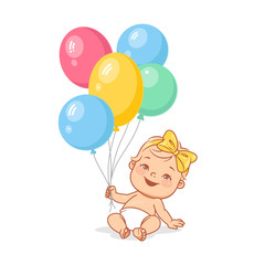 Cute little baby girl with bunch of hot air balloons in hand. 