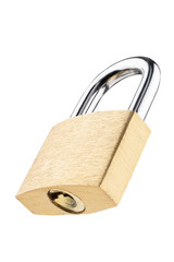 Metallic lock golden color. Isolated on white background. Shot on the stack. side view.