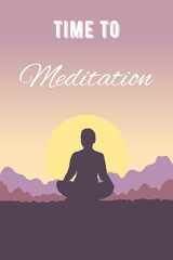 Fototapeta premium Silhouette of a woman in a Lotus position. Meditation on a background of a sunset landscape. Yoga in nature. Template for banner, website or social networks. Vector illustration in flat style.