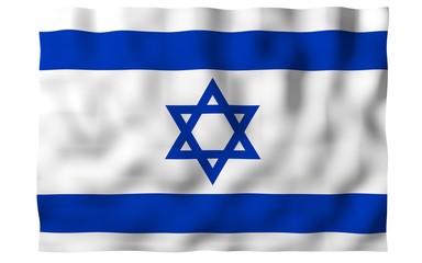 The flag of Israel. State symbol of the State of Israel. A blue Star of David between two horizontal blue stripes on a white field. 3d illustration