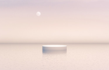 Natural beauty podium backdrop with white cylinder box for cosmetic product display. Abstract 3d scene composition background. seascape background.