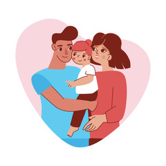 Vector illustration in trendy flat linear style - happy family and parenthood concept - happy mother and father with a baby