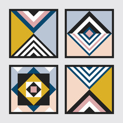 Modern retro colors geometrical square tiles frames pattern set on gray background