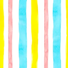 Fototapete Geometrische formen Aquarell süßes romantisches nahtloses Muster mit rosa, gelben und pastellblauen vertikalen Streifen auf weißem Hintergrund. Heller Druck mit strukturierten Linien für Textilien, Karten, Hochzeit. Sommerferienstimmung.