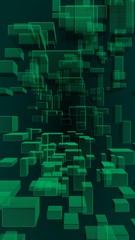 Green and dark abstract digital and technology background. The pattern with repeating rectangles. 3D illustration