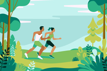 Obraz na płótnie Canvas Vector illustration in simple flat style and characters - man and woman running in the park