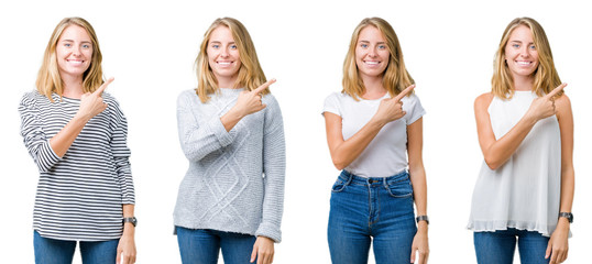 Fototapeta premium Collage of beautiful blonde woman over white isolated background cheerful with a smile of face pointing with hand and finger up to the side with happy and natural expression on face