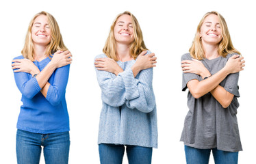 Collage of beautiful blonde woman over white isolated background Hugging oneself happy and...