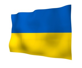 Obraz premium The flag of Ukraine on a white background. National flag and state ensign. Blue and yellow bicolour. 3D illustration waving flag